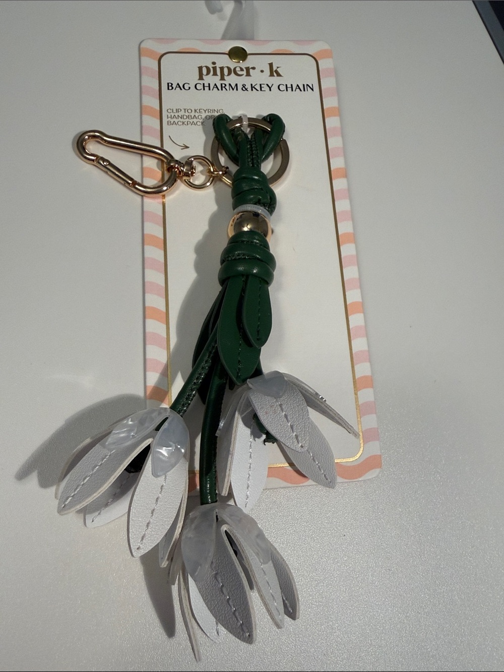 Piper Green and White Floral Tassel Keychain with Gold Hardware